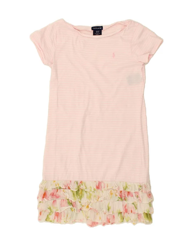 RALPH LAUREN Girls T-Shirt Dress 12-13 Years Large Pink Striped Cotton-- V-Neck T-Shirt Long Sleeve Cotton