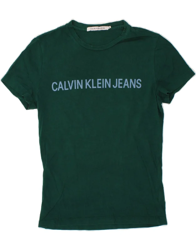 CALVIN KLEIN JEANS Mens Graphic T-Shirt Top XS Green Cotton-- Collared T-Shirt Boat Neck A-Line