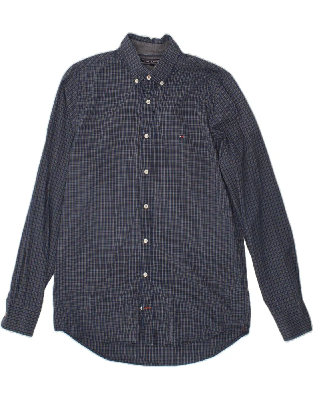 TOMMY HILFIGER Mens Slim Fit Shirt Medium Navy Blue Check Cotton-- Zippered Buttoned Snapped