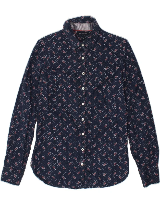 TOMMY HILFIGER Womens Fitted Shirt US 6 Medium Navy Blue Paisley Cotton-- Mesh Canvas Denim