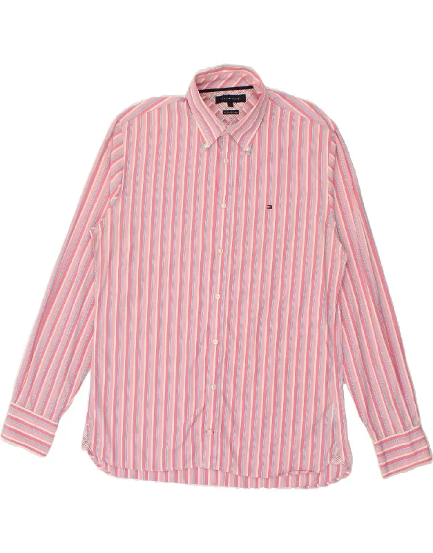 TOMMY HILFIGER Mens Shirt Large Pink Striped Cotton-- Hooded Caped Shawl Collar