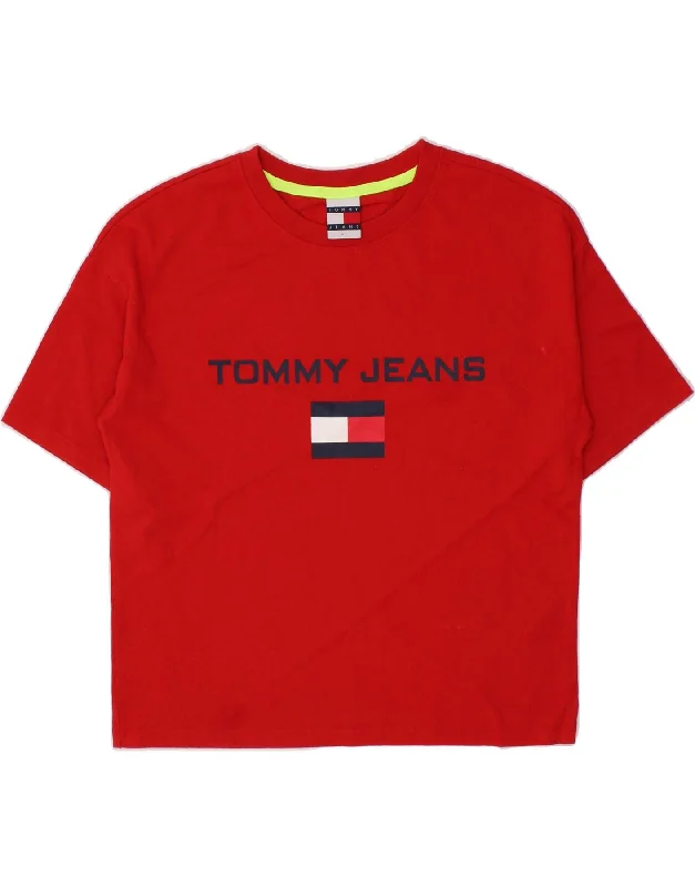TOMMY HILFIGER Womens Oversized Graphic T-Shirt Top UK 6 XS Red Cotton-- Wool Fabric Cashmere Fabric Tweed Fabric