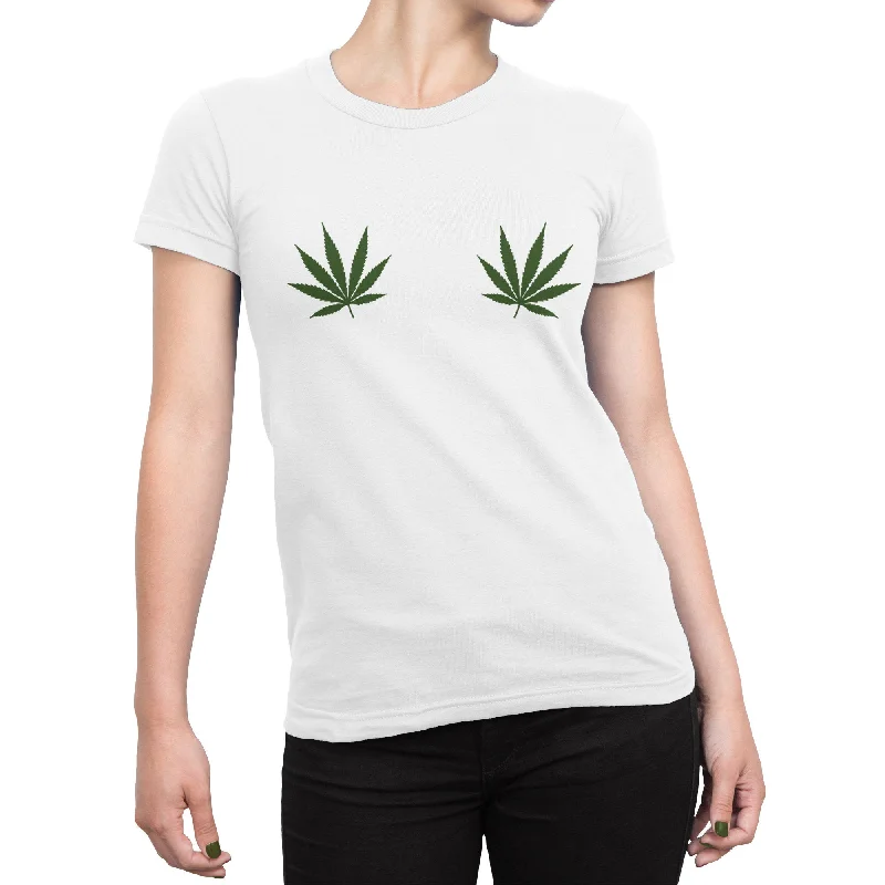 Pot Leaf Boobs Shirt, Weed Boobs 420 Womens Tee Shirt-- Solid Print Embellished