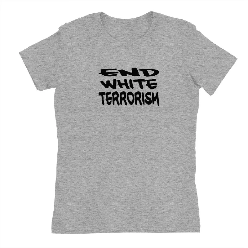 End White Terrorism Shirt, Womens Tee Shirt-- Print Jacquard Patchwork