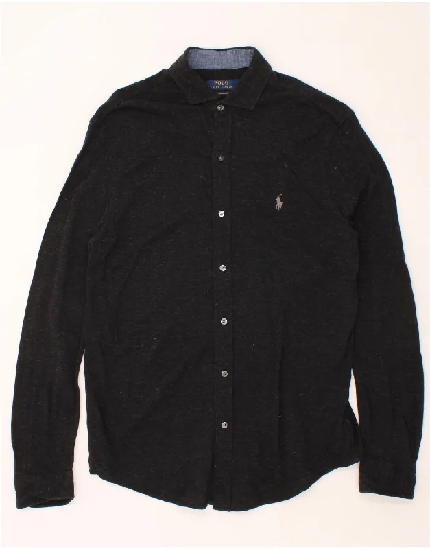 POLO RALPH LAUREN Mens Slim Fit Shirt Large Black Flecked Cotton-- Ribbed T-Shirt High Neck Heavyweight