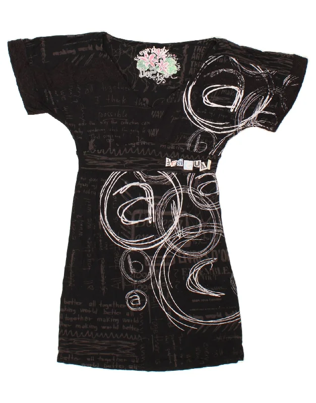 DESIGUAL Womens Graphic T-Shirt Dress UK 12 Medium Black Geometric-- Satin Blend Silk Blend Wool Blend