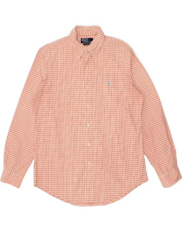 POLO RALPH LAUREN Mens Custom Fit Shirt Size 16 Large Orange Check Cotton-- Thin T-Shirt Open Front Quick Dry
