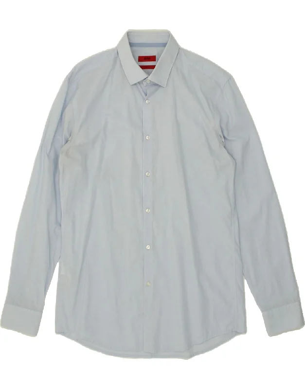 HUGO BOSS Mens Slim Fit Shirt Size 42 16 1/2  Large Blue Cotton-- Collared Crew Neck Turtle Neck