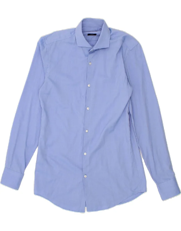 HUGO BOSS Mens Slim Fit Shirt Size 38 15 Medium Blue Cotton-- Oversized T-Shirt Spandex breathable