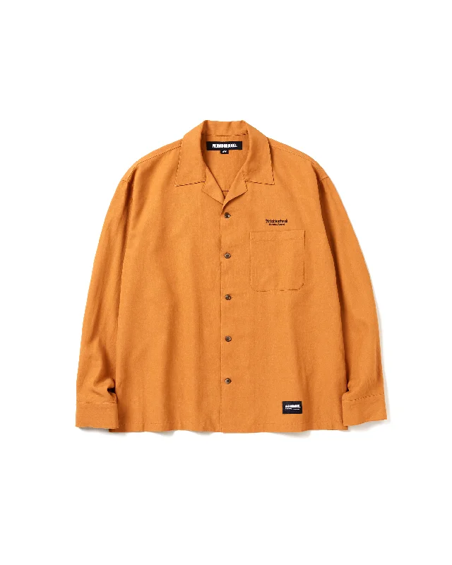 Open Collar L/S Shirt - Brown-- Mesh Fabric Canvas Fabric Denim Fabric