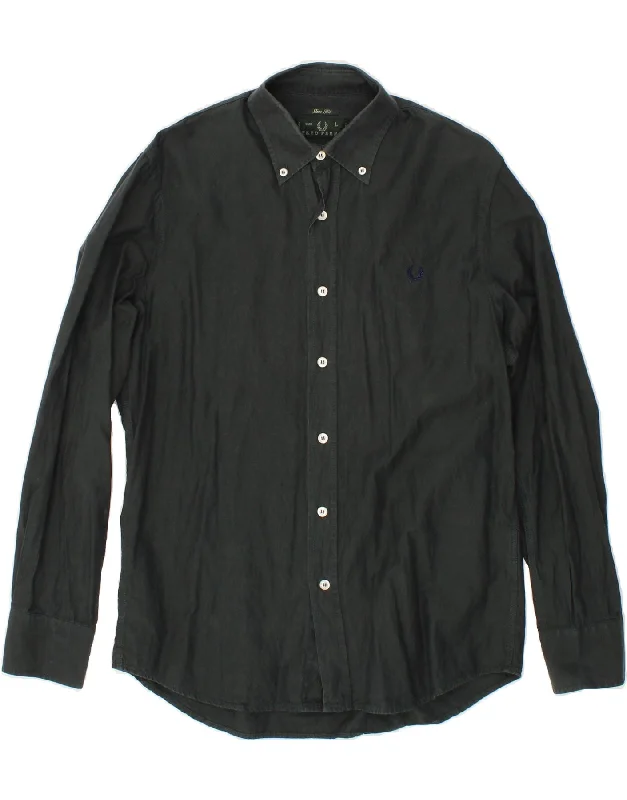 FRED PERRY Mens Slim Fit Shirt Large Black Cotton-- Anti-Pilling Machine Wash Handmade