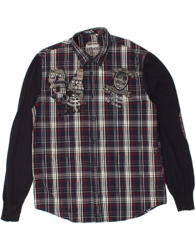 DESIGUAL Mens Graphic Regular Fit Shirt XL Navy Blue Check Cotton-- Fleece Fabric Down Fabric Feather Fabric