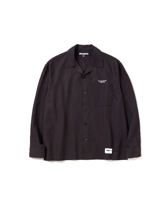 Open Collar L/S Shirt - Black-- Chenille Fabric Brocade Fabric Lace Fabric