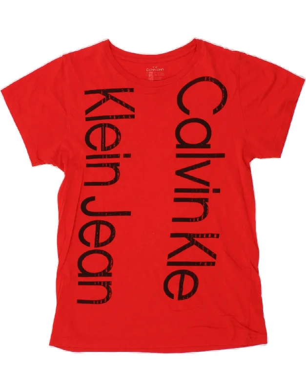 CALVIN KLEIN JEANS Womens Graphic T-Shirt Top UK 12 Medium Red Cotton-- Seamless Knitted Crochet