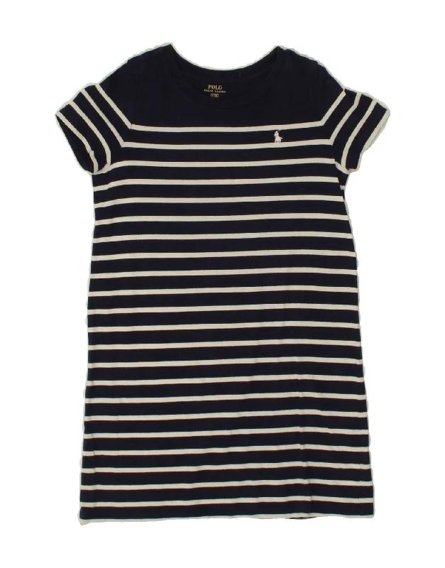 POLO RALPH LAUREN Girls T-Shirt Dress 5-6 Years Navy Blue Striped-- Boxy Fit Fitted Loose
