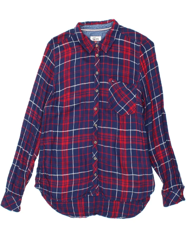 TOMMY HILFIGER Womens Flannel Shirt UK 12 Medium Navy Blue Check Cotton-- Hooded Caped Shawl Collar