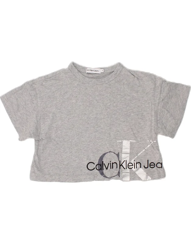 CALVIN KLEIN JEANS Girls Crop Graphic T-Shirt Top 3-4 Years Grey Cotton-- Boxy Fit Fitted Loose