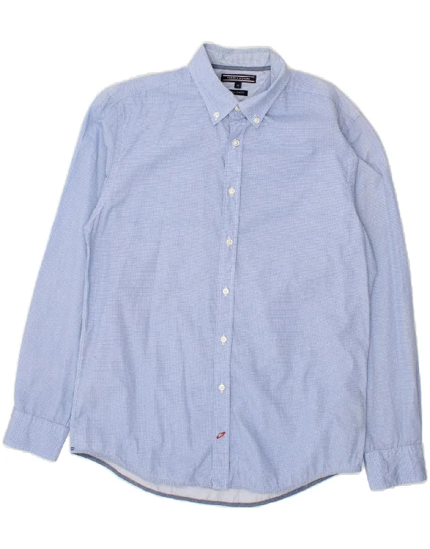 TOMMY HILFIGER Mens New York Fit Shirt Medium Blue Spotted Cotton-- Embroidered Appliqued Beaded