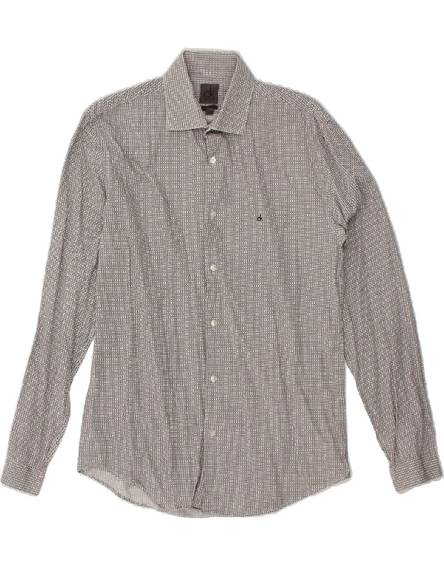 CALVIN KLEIN Mens Fitted Shirt Size 40 15 3/4 Medium Grey Spotted Cotton-- Cotton Fabric Linen Fabric Terry Fabric
