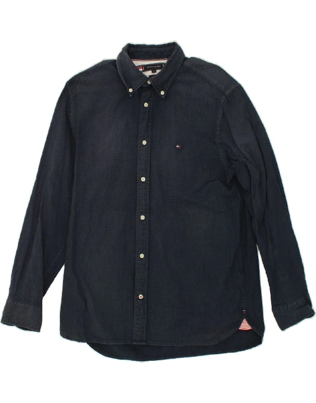 TOMMY HILFIGER Mens Regular Fit Shirt XL Navy Blue Houndstooth Cotton-- Print Jacquard Patchwork