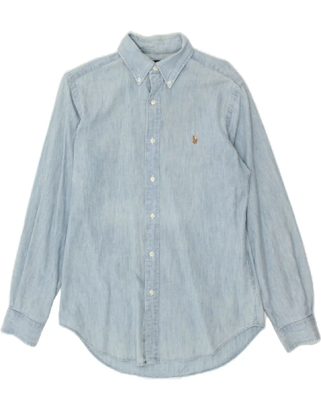 RALPH LAUREN Mens Classic Fit Shirt Small Blue Cotton-- Satin Blend Silk Blend Wool Blend