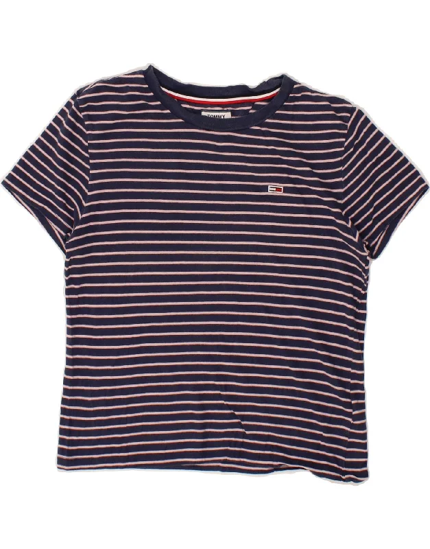 TOMMY HILFIGER Womens Crop T-Shirt Top UK 12 Medium Navy Blue Striped-- Casual Formal Business