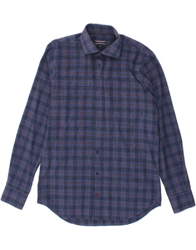 TOMMY HILFIGER Mens Shirt Size 41 16 Large Blue Check Cotton-- Graphic T-Shirt Round Neck Polyester