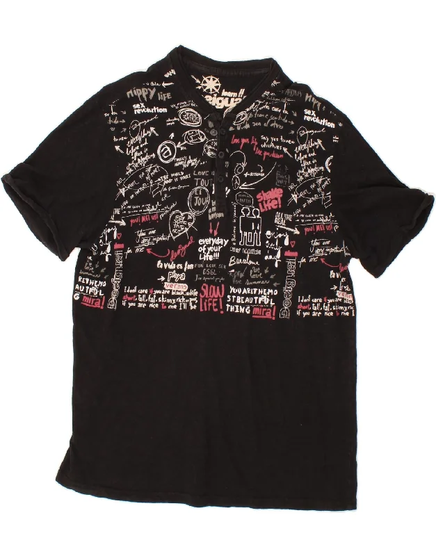 DESIGUAL Mens Graphic T-Shirt Top XL Black-- Zippered Front Buttoned Front Snap Front