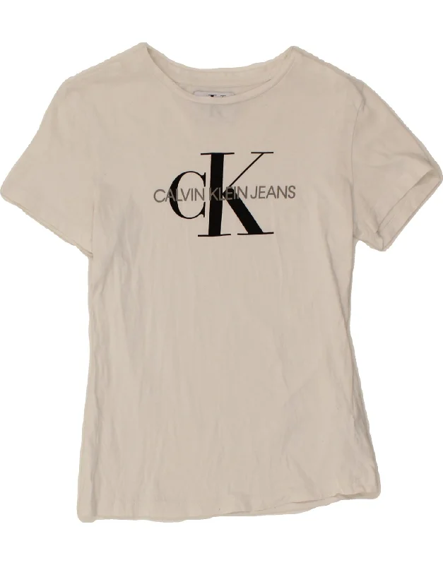 CALVIN KLEIN JEANS Womens Graphic T-Shirt Top UK 10 Small White Cotton-- Mesh Canvas Denim