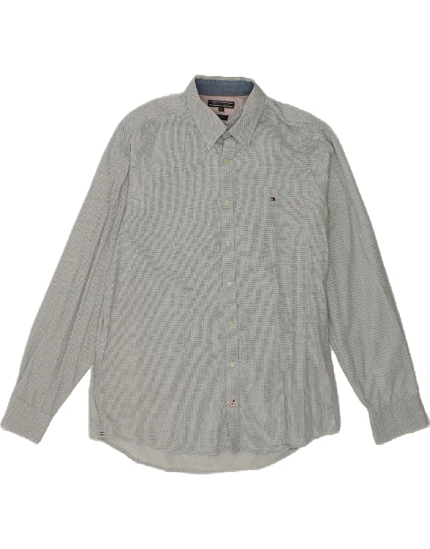 TOMMY HILFIGER Mens Slim Fit Shirt 2XL Grey Geometric Cotton-- Notch Collar Peter Pan Collar Cowl Neck