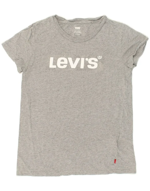 LEVI'S Womens Graphic T-Shirt Top UK 6 XS Grey Flecked Cotton-- Satin Fabric Silk Fabric Chiffon Fabric