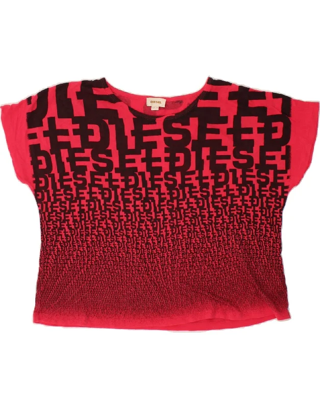DIESEL Womens Oversized Crop Graphic T-Shirt Top UK 14 Medium Pink Cotton-- Rayon Fabric Velvet Fabric Corduroy Fabric