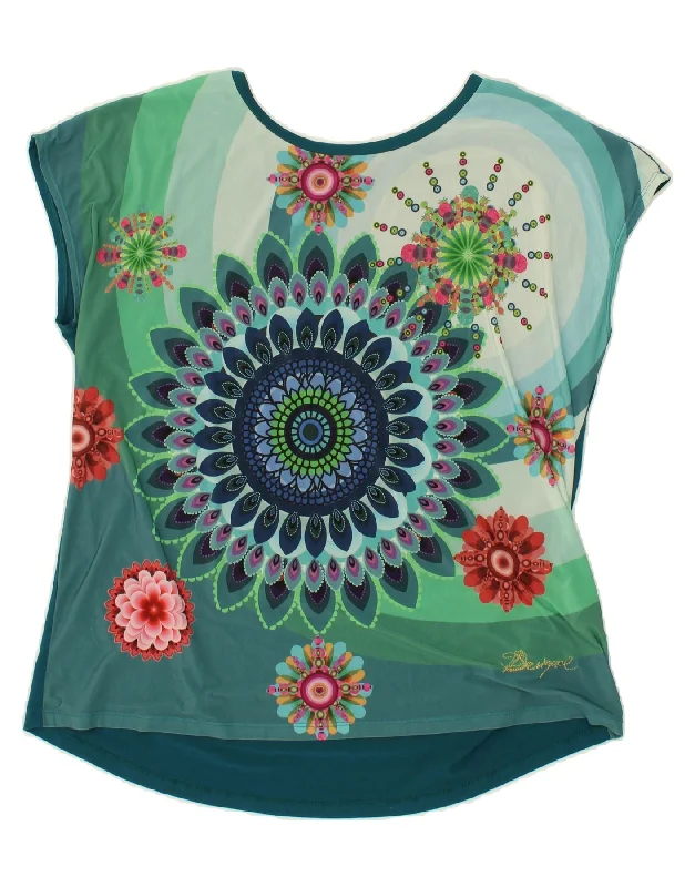 DESIGUAL Womens Graphic T-Shirt Top UK 18 XL Blue Floral Polyester-- Hooded Caped Shawl Collar