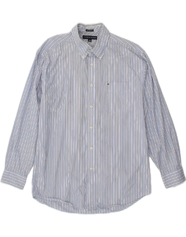TOMMY HILFIGER Mens Shirt Large Blue Striped Cotton-- Hooded Caped Shawl Collar