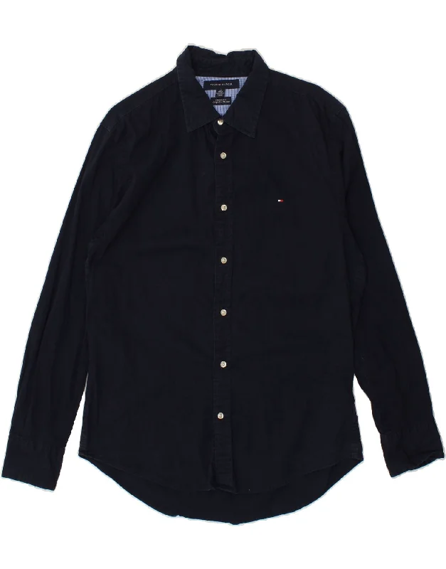 TOMMY HILFIGER Mens Custom Fit Shirt Large Navy Blue Cotton-- Zippered Buttoned Snapped