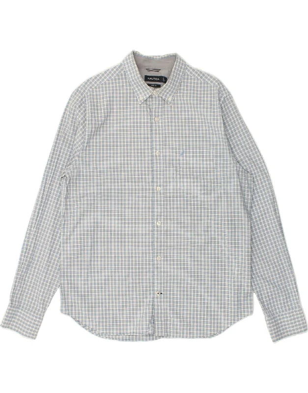 NAUTICA Mens Slim Fit Shirt Large Blue Check Cotton-- Front Pockets Side Pockets Patch Pockets