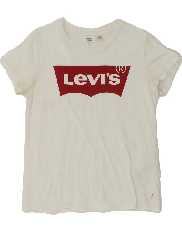LEVI'S Womens Graphic T-Shirt Top UK 12 Medium White Cotton-- Nylon Fabric Polyester Fabric Spandex Fabric