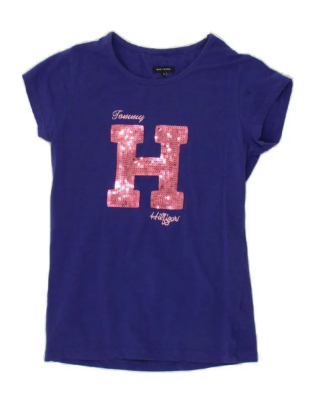 TOMMY HILFIGER Girls Graphic T-Shirt Top 11-12 Years Blue Cotton-- Fleece Nylon Spandex