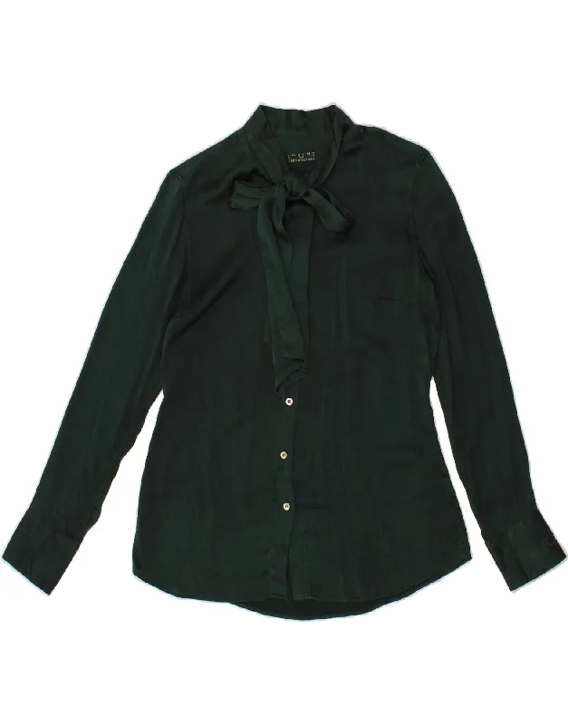 FRED PERRY Womens Front Tie Shirt UK 12 Medium Green Silk-- Notch Collar Peter Pan Collar Cowl Neck