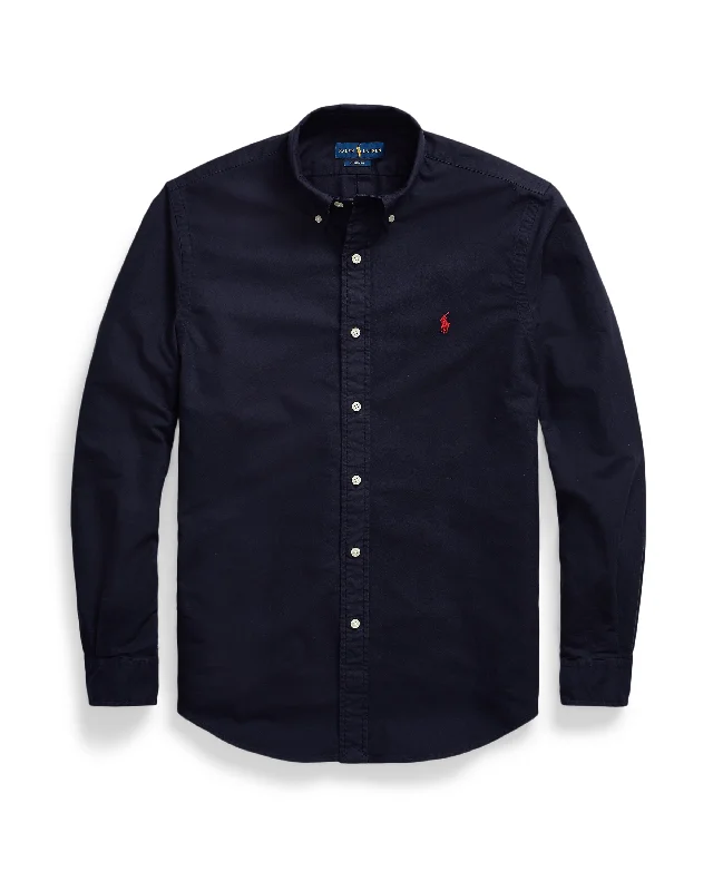 Woven Linen Button Up Shirt - Dark Navy-- Print Jacquard Patchwork