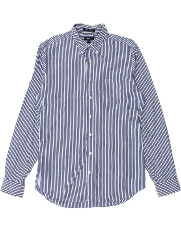 GANT Mens Shirt Large Blue Pinstripe Cotton-- Embroidered Appliqued Beaded