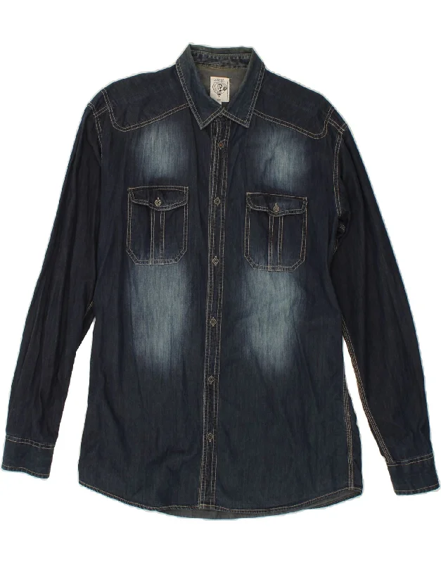 DIESEL Mens Denim Shirt XL Navy Blue Cotton-- Print Jacquard Patchwork