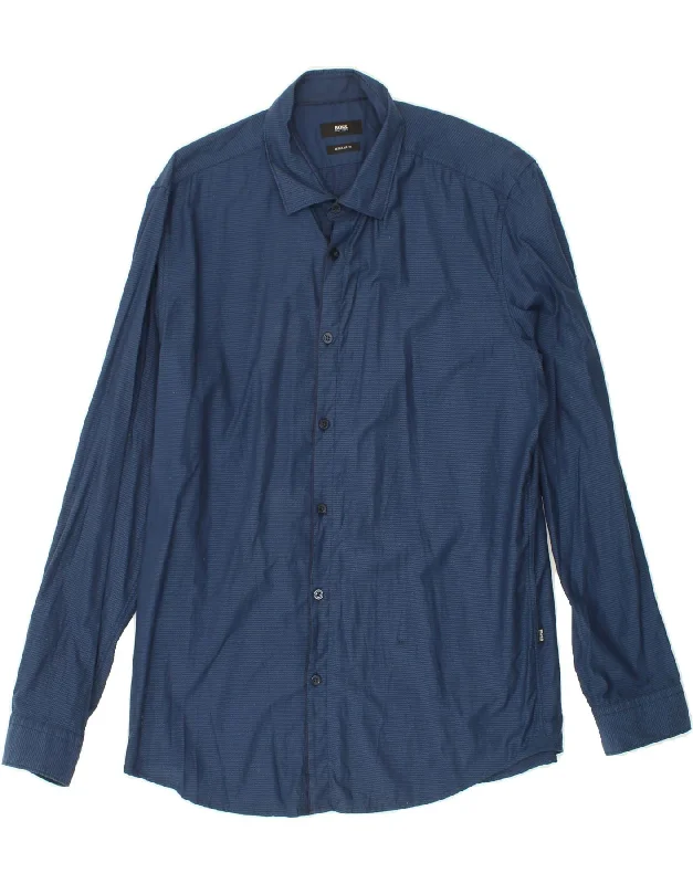 HUGO BOSS Mens Regular Fit Shirt Large Blue Striped Cotton-- Elegant Classic Vintage
