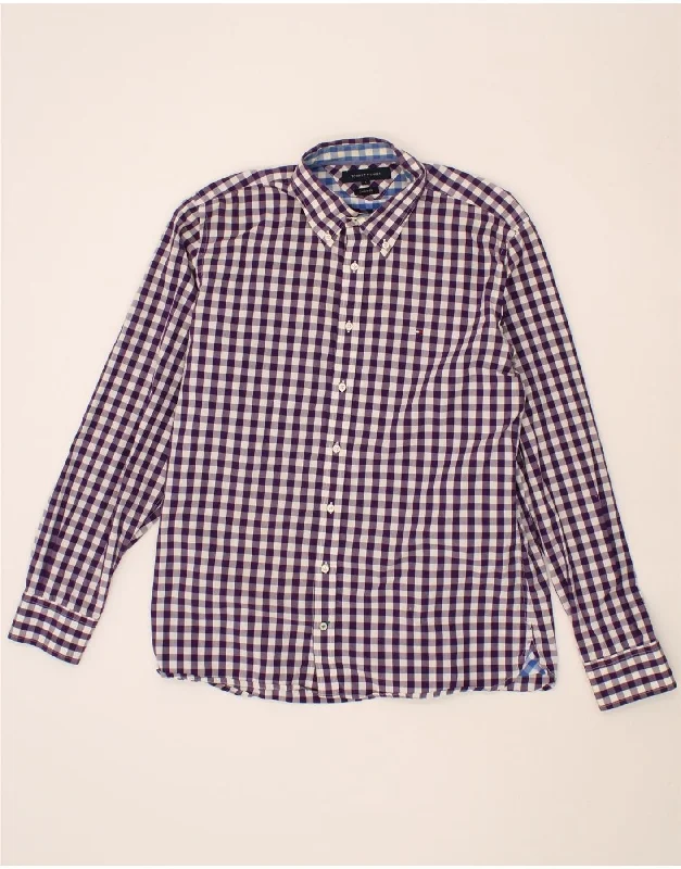 TOMMY HILFIGER Mens Custom Fit Shirt Large Purple Gingham Cotton-- Anti-Pilling Machine Wash Handmade