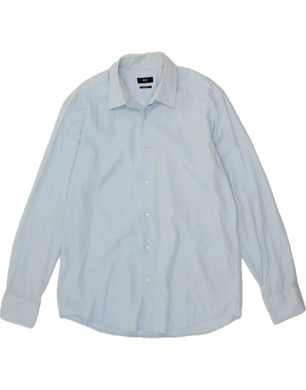 HUGO BOSS Mens Regular Fit Shirt Size 43 17 XL Blue Cotton-- V-Neck T-Shirt Long Sleeve Cotton