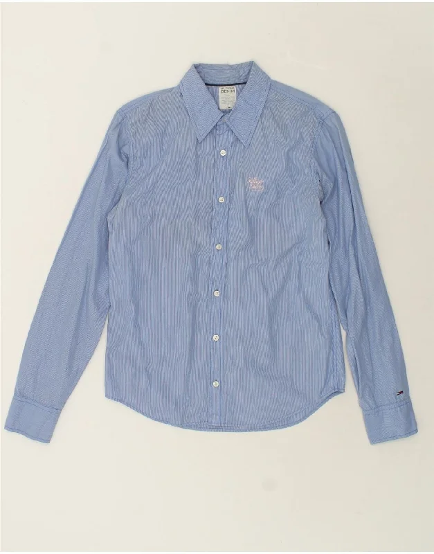 TOMMY HILFIGER Mens Shirt Small Blue Pinstripe Cotton-- Zippered Front Buttoned Front Snap Front
