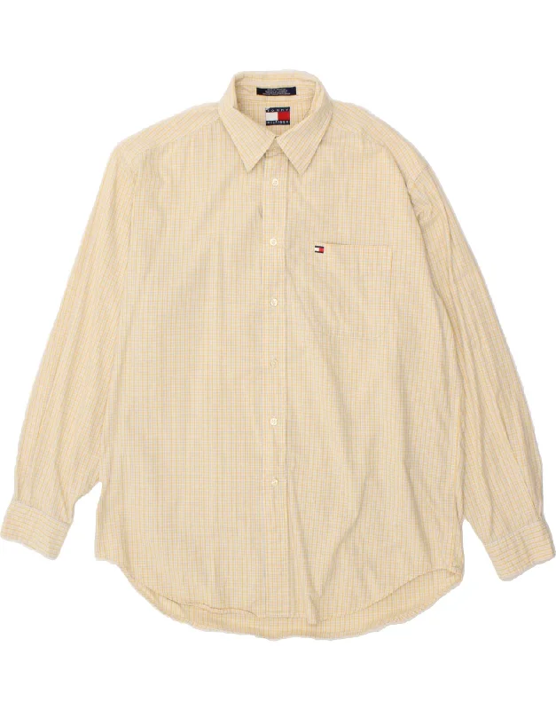 TOMMY HILFIGER Mens Shirt Large Yellow Check Cotton-- Embroidered Appliqued Beaded