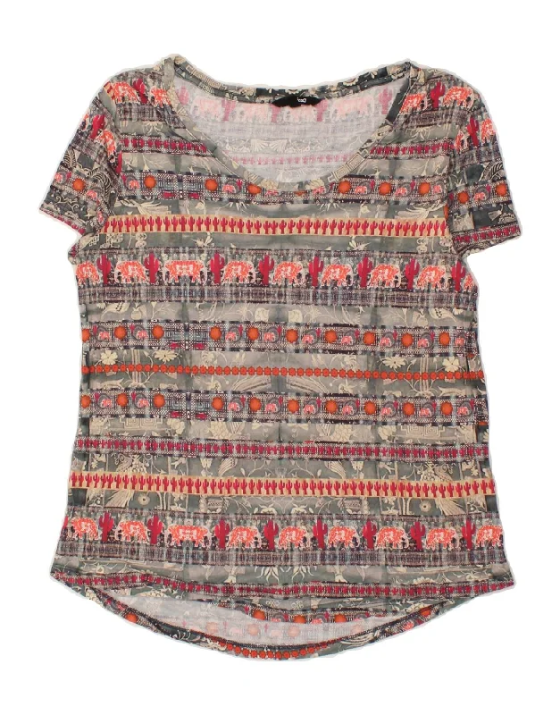 DESIGUAL Womens Abstract Pattern Graphic T-Shirt Top UK 12 Medium Grey-- Collared Crew Neck Turtle Neck