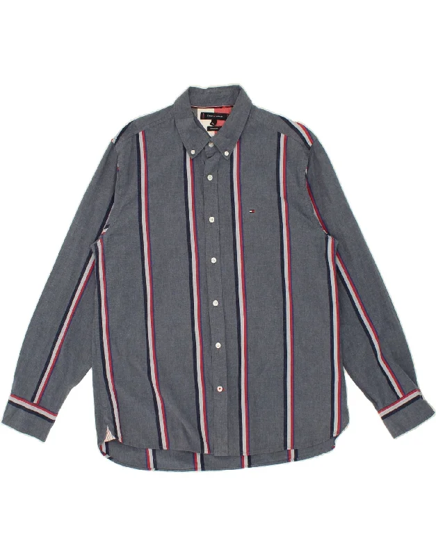 TOMMY HILFIGER Mens Regular Fit Shirt 2XL Grey Striped Cotton-- Solid Print Embellished