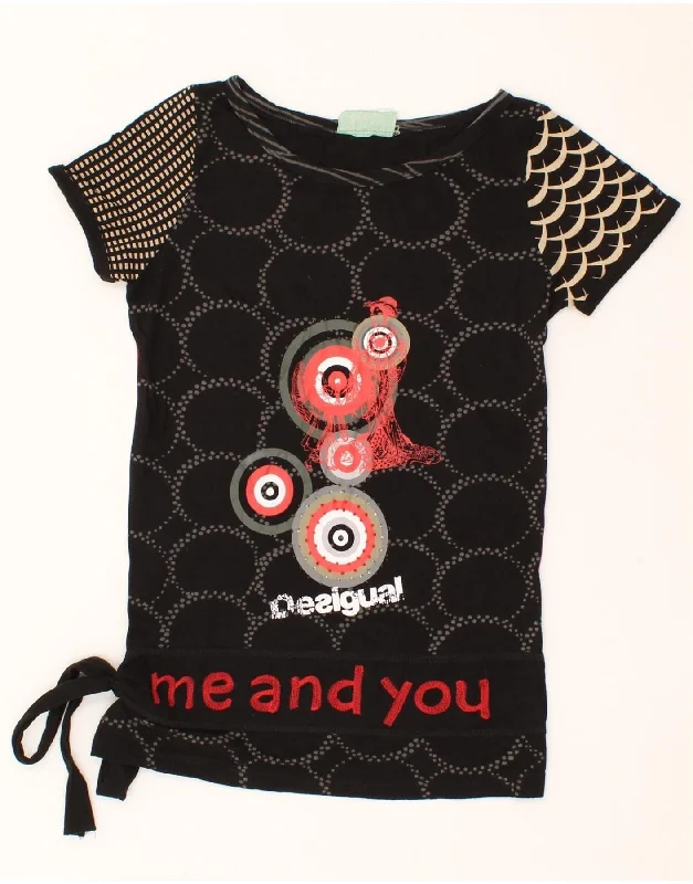 DESIGUAL Womens Graphic T-Shirt Top UK 12 Medium Black Cotton-- Hooded Caped Shawl Collar